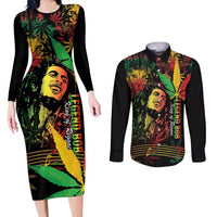 King Of Reggae Legend Bob Couples Matching Long Sleeve Bodycon Dress and Long Sleeve Button Shirt Rasta Cannabis - Wonder Print Shop