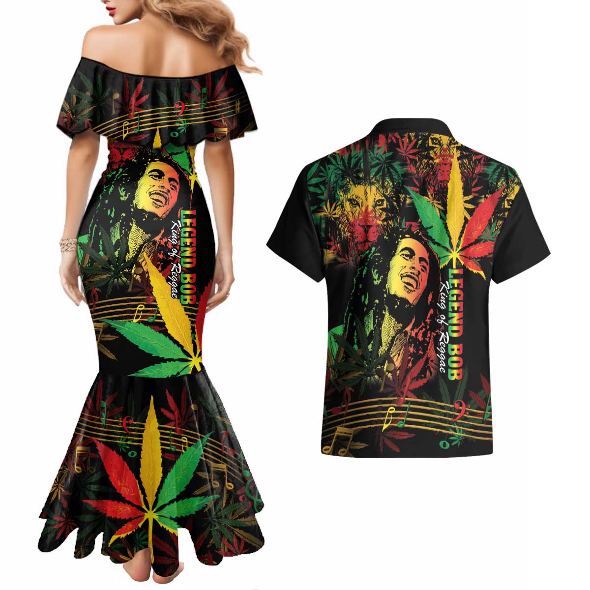 King Of Reggae Legend Bob Couples Matching Mermaid Dress and Hawaiian Shirt Rasta Cannabis - Wonder Print Shop