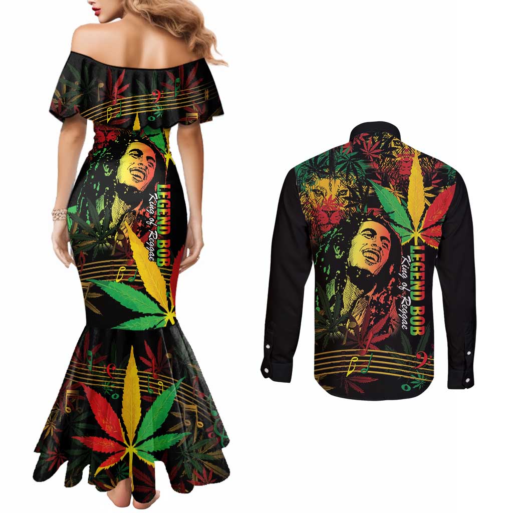 King Of Reggae Legend Bob Couples Matching Mermaid Dress and Long Sleeve Button Shirt Rasta Cannabis - Wonder Print Shop