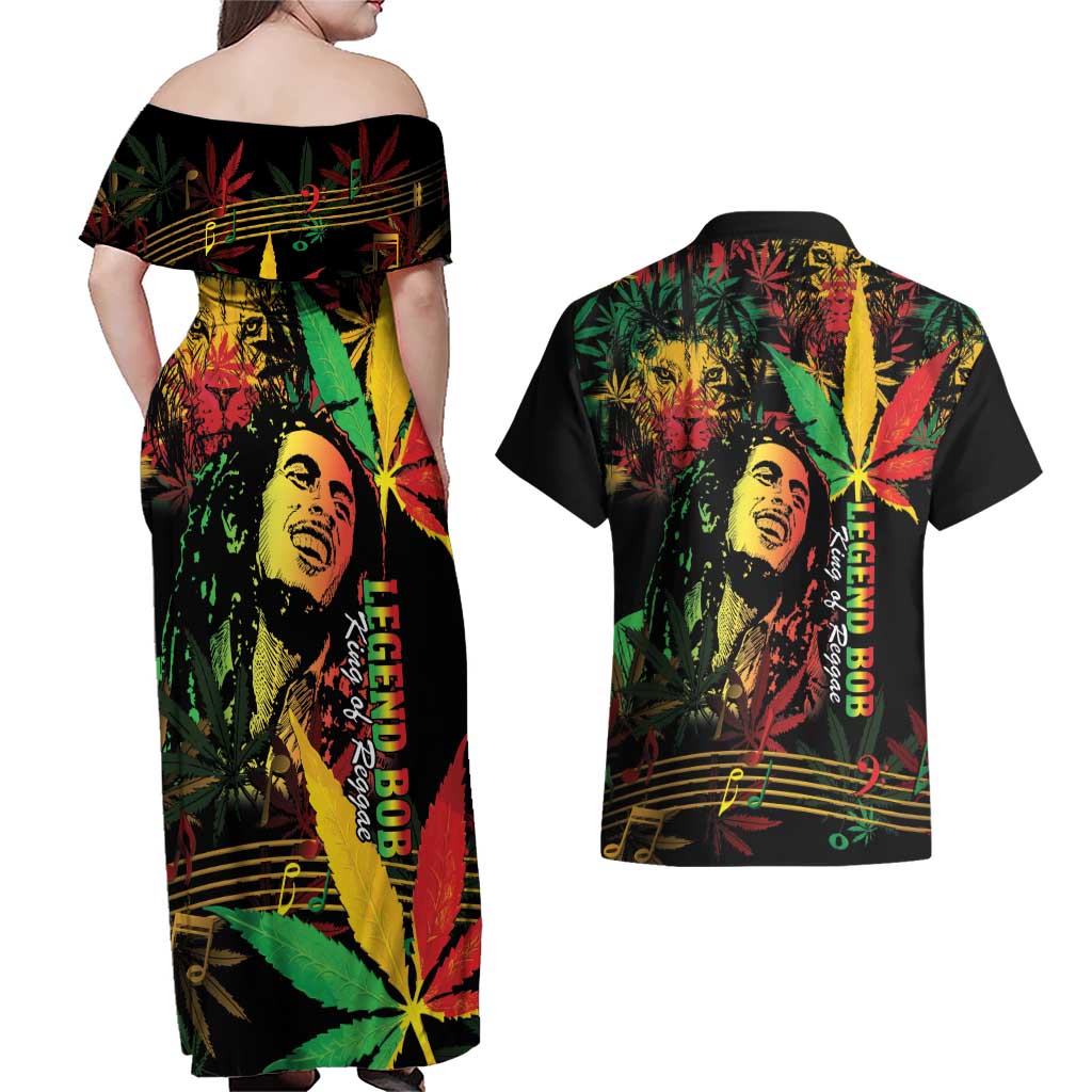 King Of Reggae Legend Bob Couples Matching Off Shoulder Maxi Dress and Hawaiian Shirt Rasta Cannabis - Wonder Print Shop