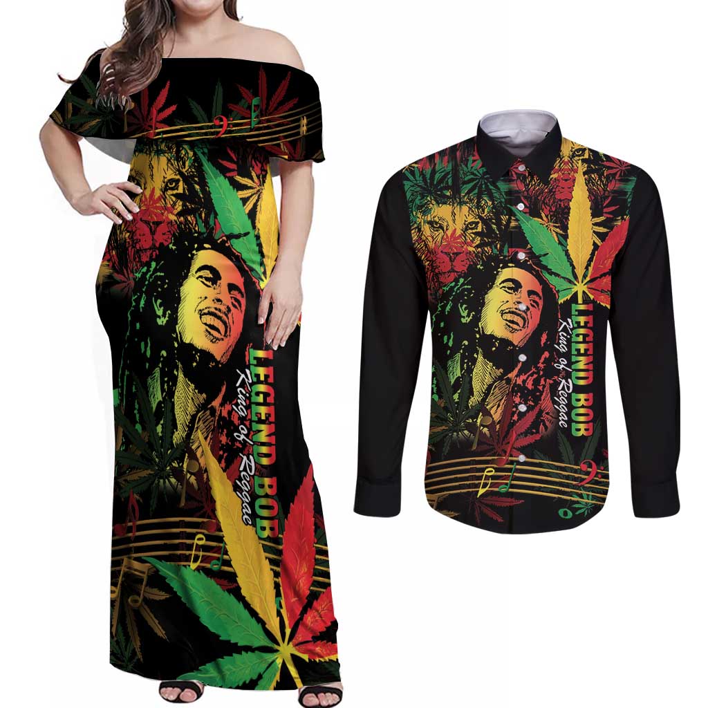 King Of Reggae Legend Bob Couples Matching Off Shoulder Maxi Dress and Long Sleeve Button Shirt Rasta Cannabis - Wonder Print Shop