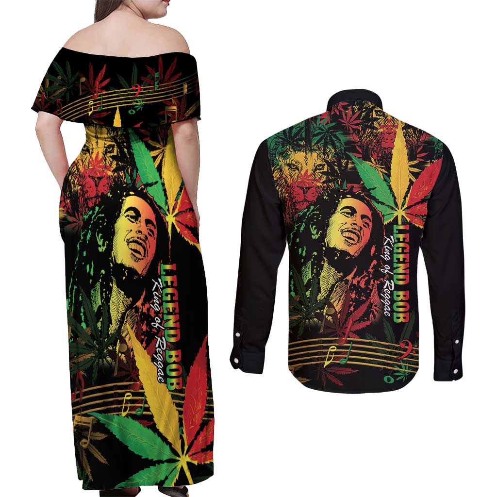 King Of Reggae Legend Bob Couples Matching Off Shoulder Maxi Dress and Long Sleeve Button Shirt Rasta Cannabis - Wonder Print Shop
