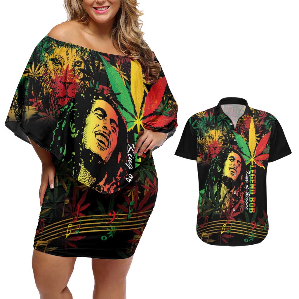 King Of Reggae Legend Bob Couples Matching Off Shoulder Short Dress and Hawaiian Shirt Rasta Cannabis - Wonder Print Shop