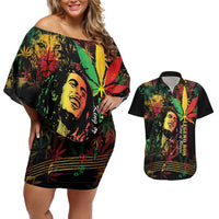 King Of Reggae Legend Bob Couples Matching Off Shoulder Short Dress and Hawaiian Shirt Rasta Cannabis - Wonder Print Shop