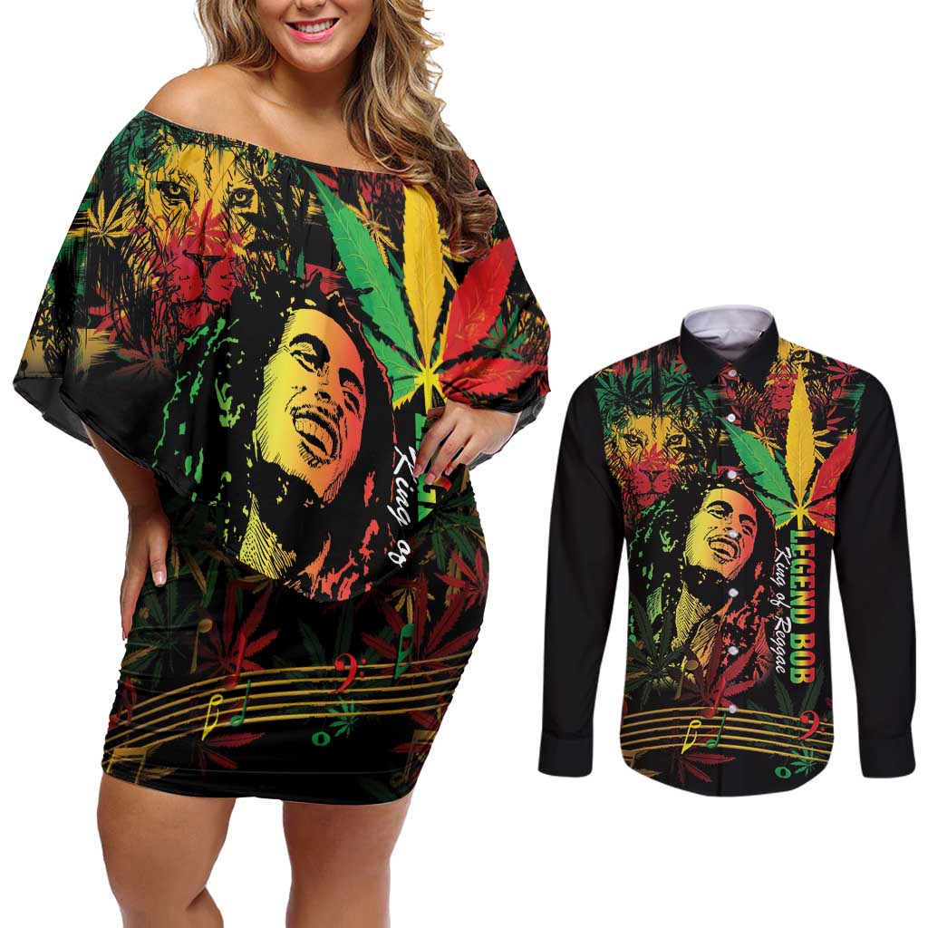 King Of Reggae Legend Bob Couples Matching Off Shoulder Short Dress and Long Sleeve Button Shirt Rasta Cannabis - Wonder Print Shop