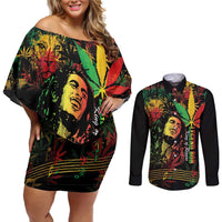 King Of Reggae Legend Bob Couples Matching Off Shoulder Short Dress and Long Sleeve Button Shirt Rasta Cannabis - Wonder Print Shop
