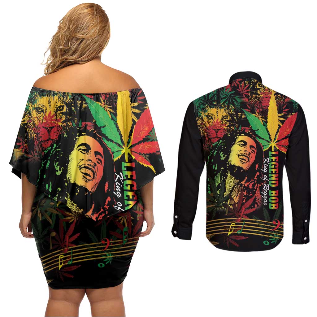 King Of Reggae Legend Bob Couples Matching Off Shoulder Short Dress and Long Sleeve Button Shirt Rasta Cannabis - Wonder Print Shop