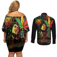 King Of Reggae Legend Bob Couples Matching Off Shoulder Short Dress and Long Sleeve Button Shirt Rasta Cannabis - Wonder Print Shop