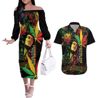 King Of Reggae Legend Bob Couples Matching Off The Shoulder Long Sleeve Dress and Hawaiian Shirt Rasta Cannabis - Wonder Print Shop