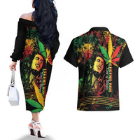 King Of Reggae Legend Bob Couples Matching Off The Shoulder Long Sleeve Dress and Hawaiian Shirt Rasta Cannabis - Wonder Print Shop