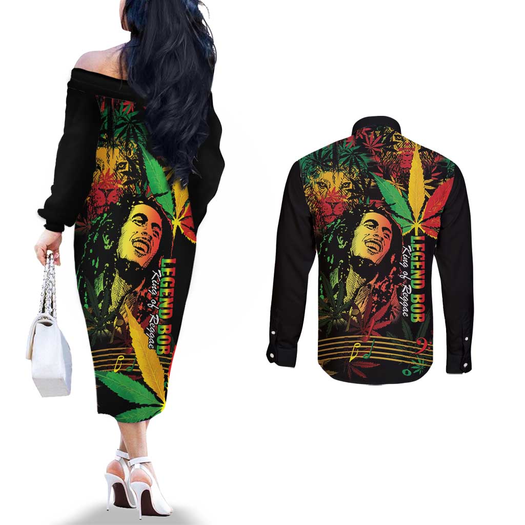 King Of Reggae Legend Bob Couples Matching Off The Shoulder Long Sleeve Dress and Long Sleeve Button Shirt Rasta Cannabis - Wonder Print Shop