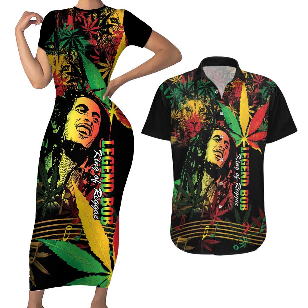 King Of Reggae Legend Bob Couples Matching Short Sleeve Bodycon Dress and Hawaiian Shirt Rasta Cannabis - Wonder Print Shop