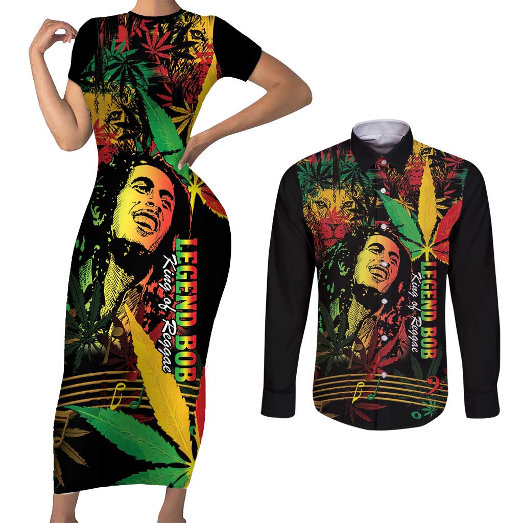 King Of Reggae Legend Bob Couples Matching Short Sleeve Bodycon Dress and Long Sleeve Button Shirt Rasta Cannabis - Wonder Print Shop