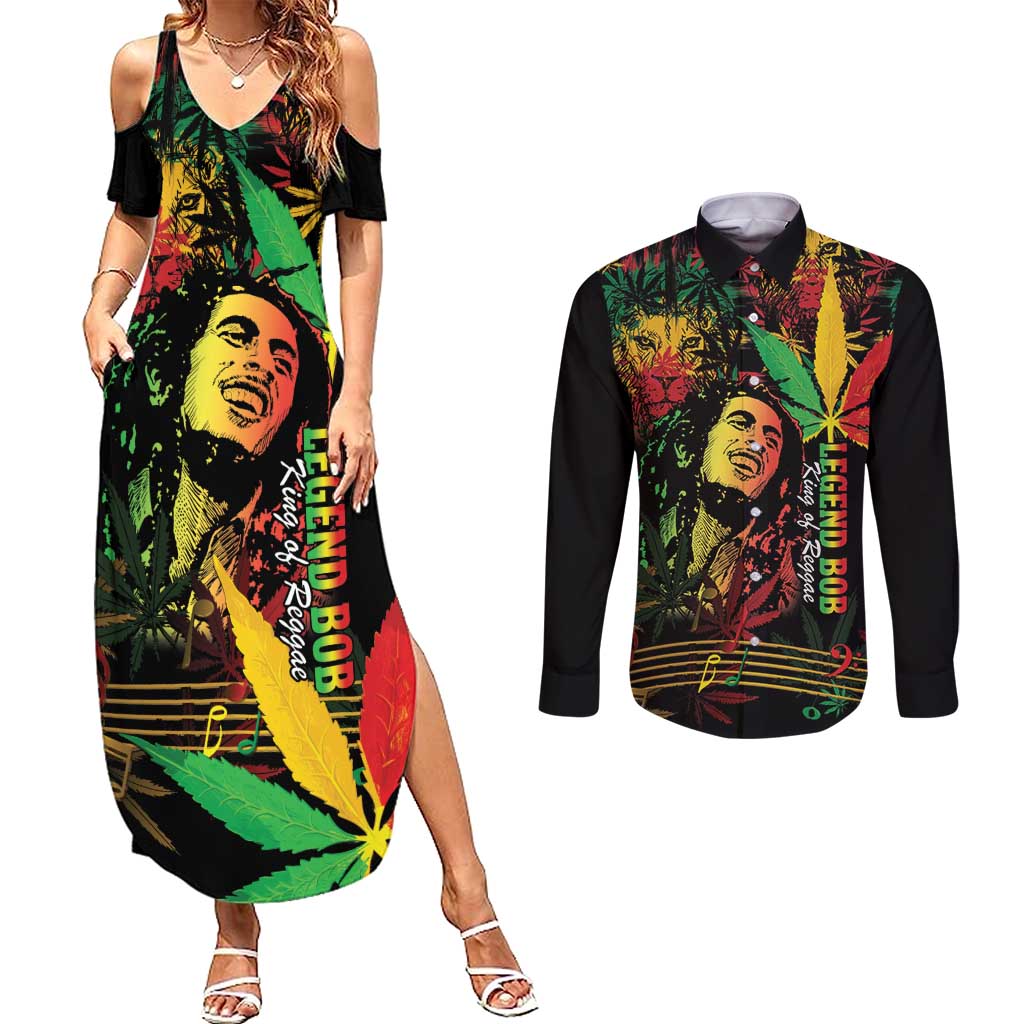 King Of Reggae Legend Bob Couples Matching Summer Maxi Dress and Long Sleeve Button Shirt Rasta Cannabis - Wonder Print Shop
