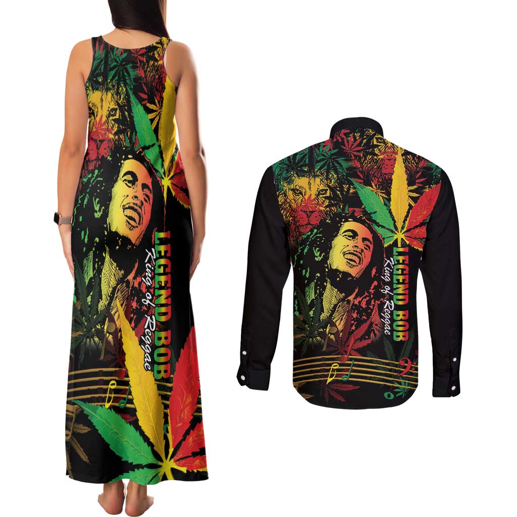 King Of Reggae Legend Bob Couples Matching Tank Maxi Dress and Long Sleeve Button Shirt Rasta Cannabis - Wonder Print Shop