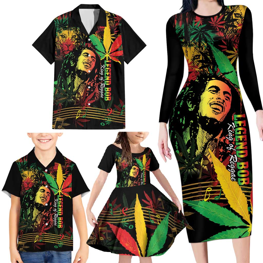 King Of Reggae Legend Bob Family Matching Long Sleeve Bodycon Dress and Hawaiian Shirt Rasta Cannabis - Wonder Print Shop