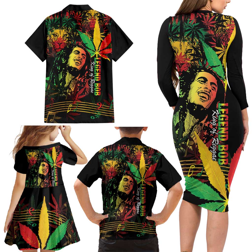 King Of Reggae Legend Bob Family Matching Long Sleeve Bodycon Dress and Hawaiian Shirt Rasta Cannabis - Wonder Print Shop