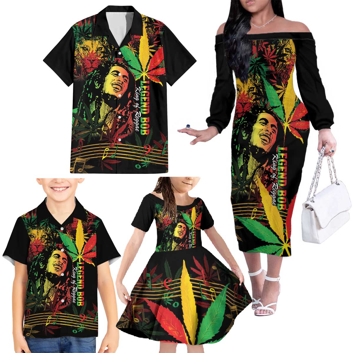 King Of Reggae Legend Bob Family Matching Off The Shoulder Long Sleeve Dress and Hawaiian Shirt Rasta Cannabis - Wonder Print Shop