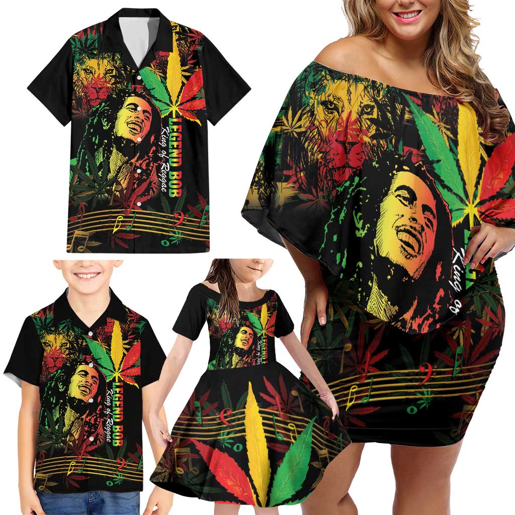 King Of Reggae Legend Bob Family Matching Off Shoulder Short Dress and Hawaiian Shirt Rasta Cannabis - Wonder Print Shop