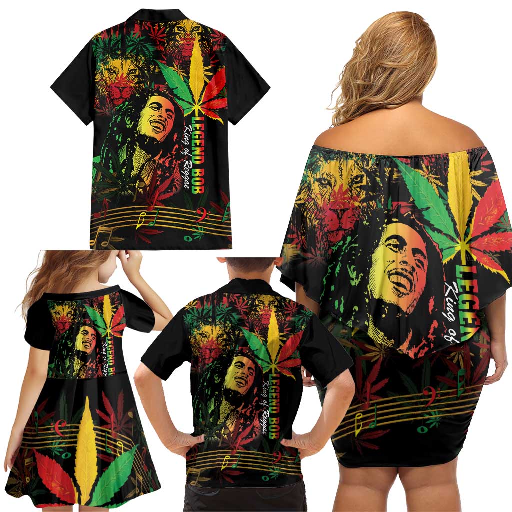 King Of Reggae Legend Bob Family Matching Off Shoulder Short Dress and Hawaiian Shirt Rasta Cannabis - Wonder Print Shop