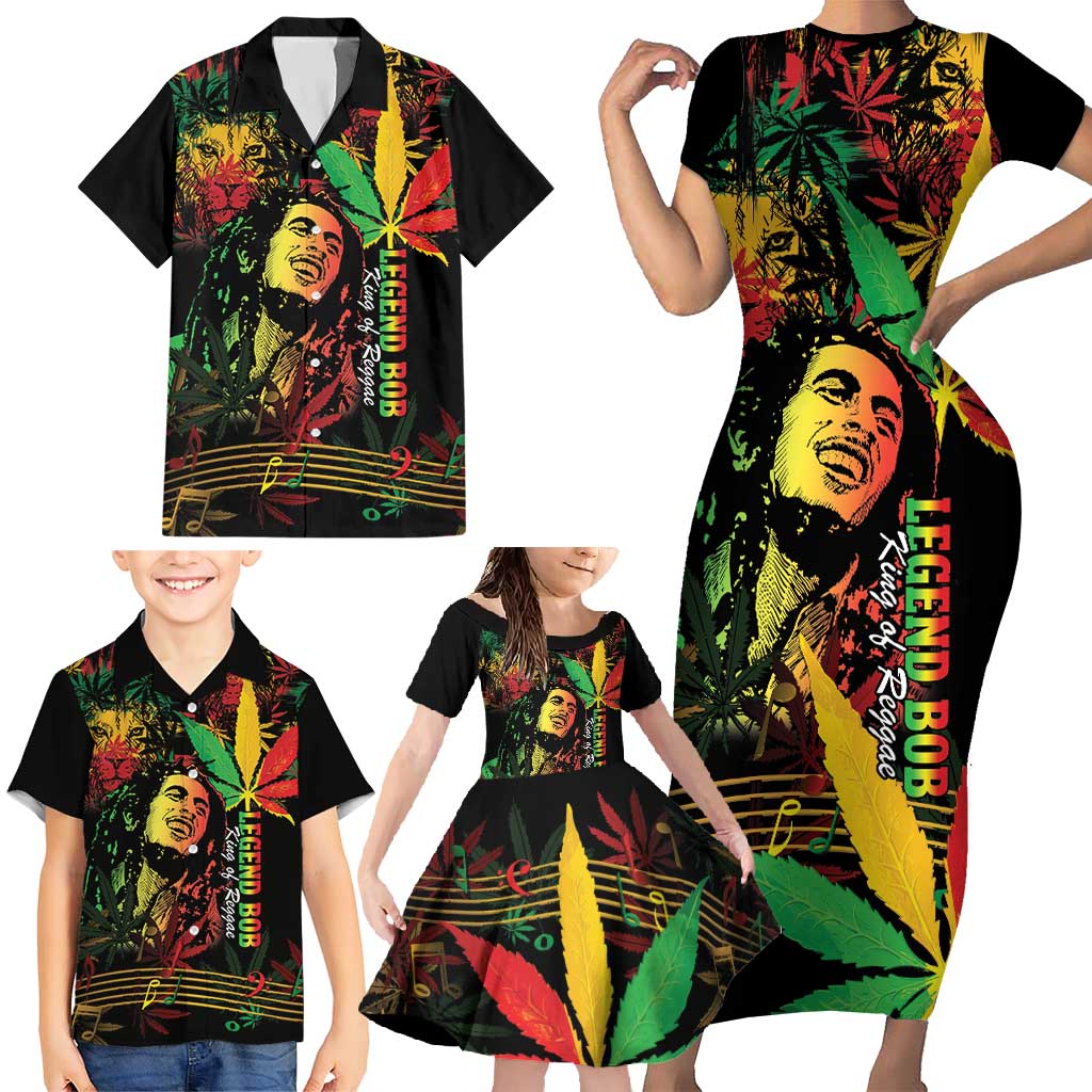 King Of Reggae Legend Bob Family Matching Short Sleeve Bodycon Dress and Hawaiian Shirt Rasta Cannabis - Wonder Print Shop