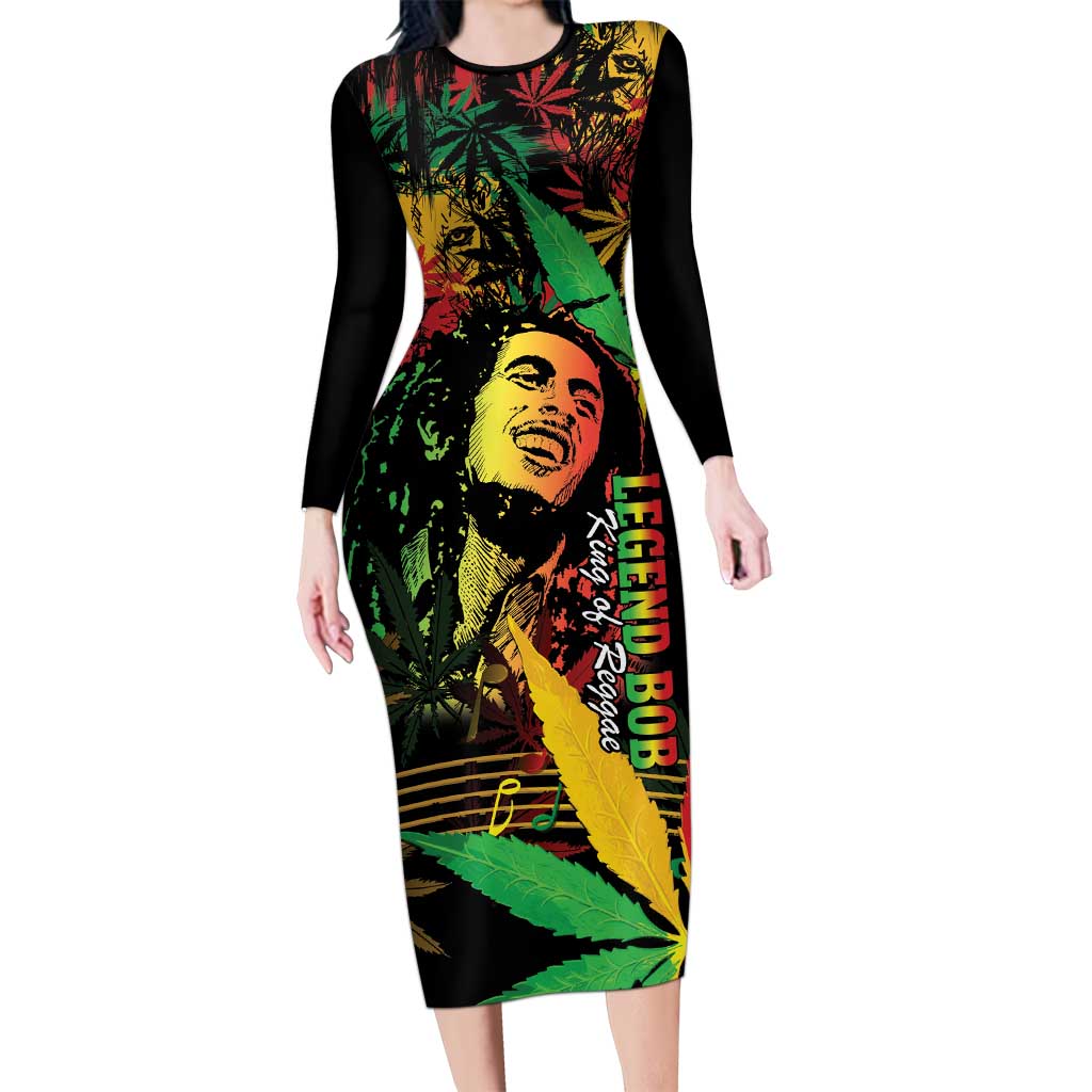 King Of Reggae Legend Bob Long Sleeve Bodycon Dress Rasta Cannabis - Wonder Print Shop