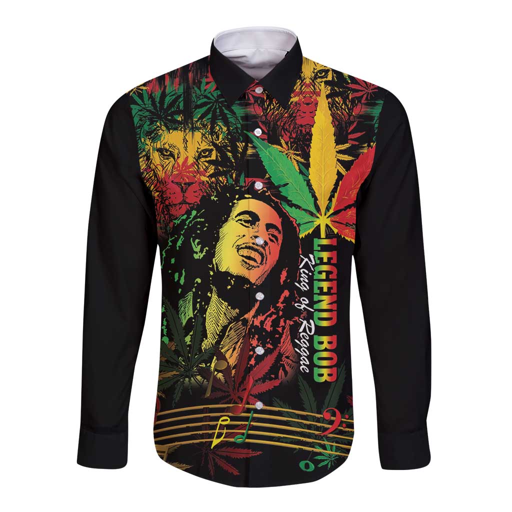 King Of Reggae Legend Bob Long Sleeve Button Shirt Rasta Cannabis - Wonder Print Shop