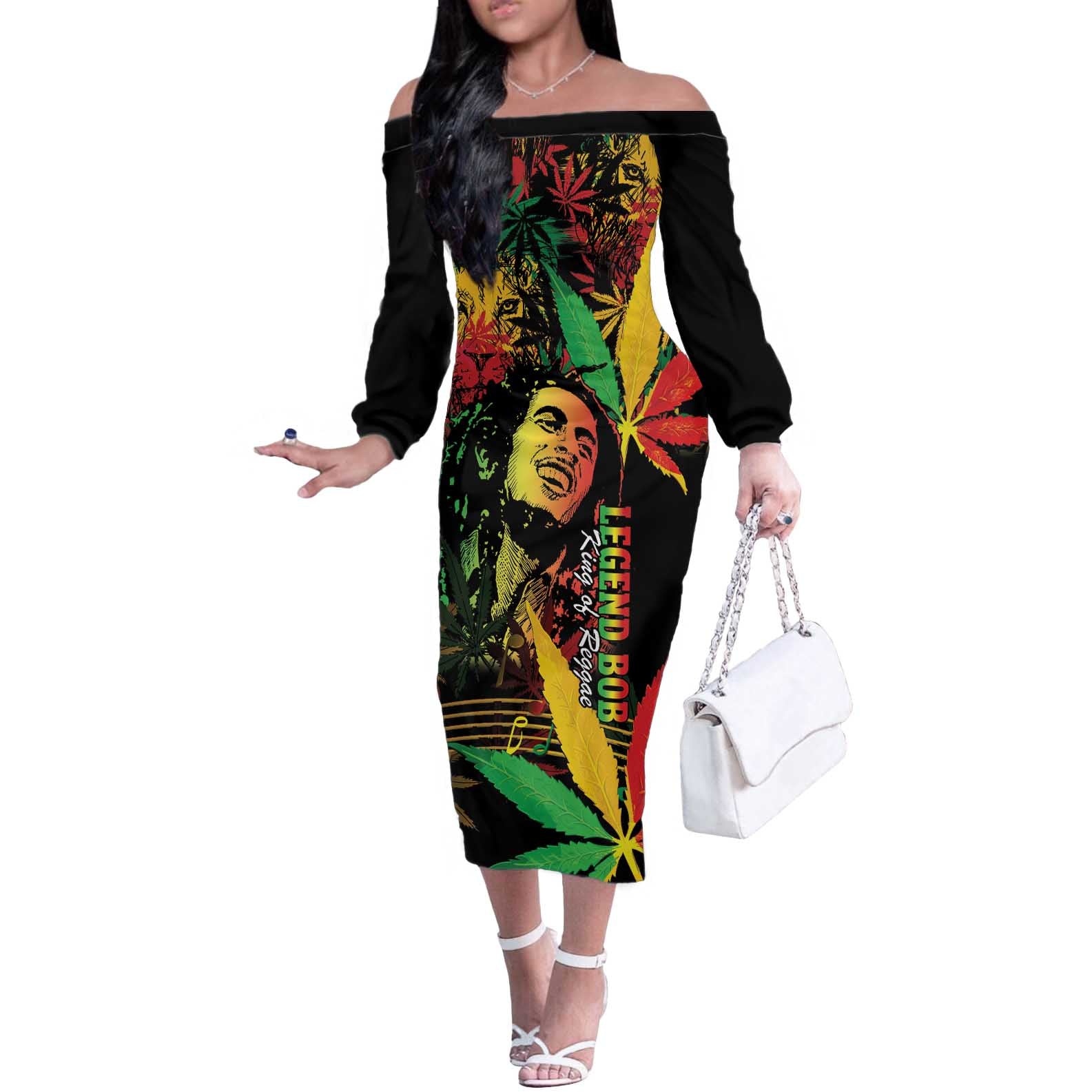 King Of Reggae Legend Bob Off The Shoulder Long Sleeve Dress Rasta Cannabis - Wonder Print Shop