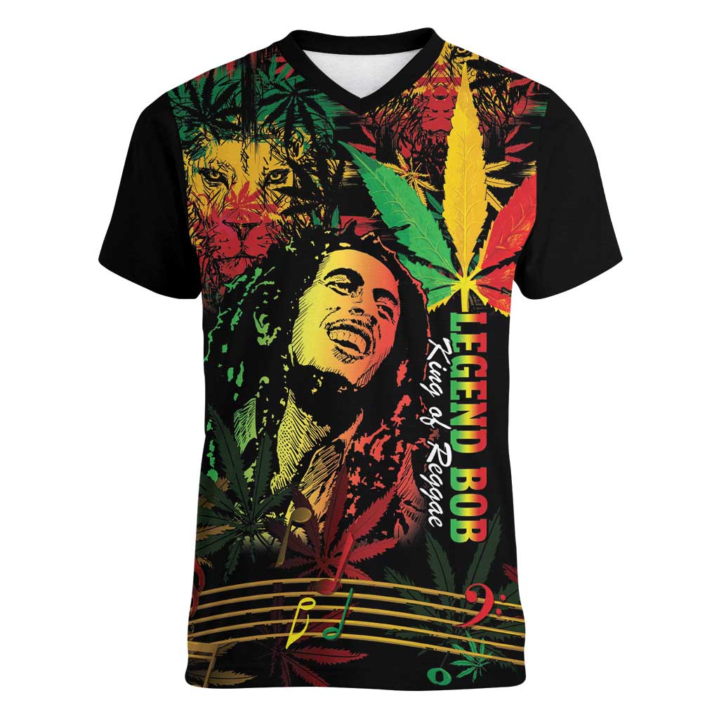 King Of Reggae Legend Bob Women V-Neck T-Shirt Rasta Cannabis - Wonder Print Shop