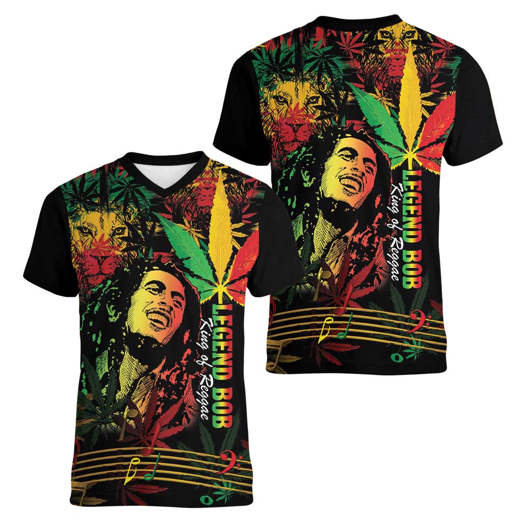 King Of Reggae Legend Bob Women V-Neck T-Shirt Rasta Cannabis - Wonder Print Shop