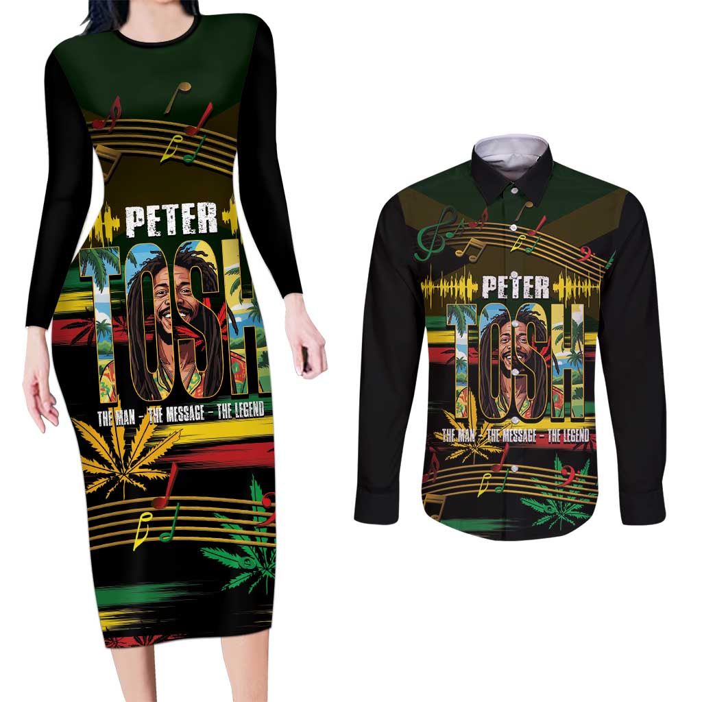 Jamaica Reggae Legend Tosh Couples Matching Long Sleeve Bodycon Dress and Long Sleeve Button Shirt Cannabis Pattern - Wonder Print Shop