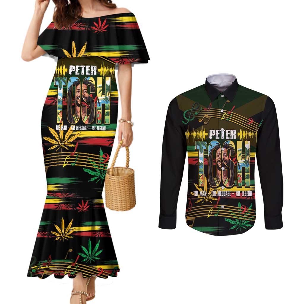 Jamaica Reggae Legend Tosh Couples Matching Mermaid Dress and Long Sleeve Button Shirt Cannabis Pattern - Wonder Print Shop