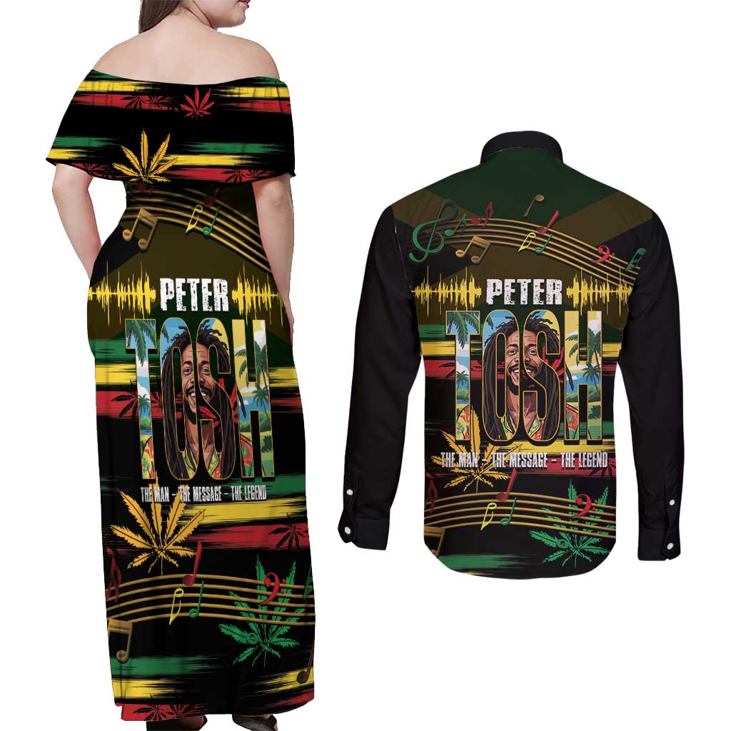 Jamaica Reggae Legend Tosh Couples Matching Off Shoulder Maxi Dress and Long Sleeve Button Shirt Cannabis Pattern - Wonder Print Shop