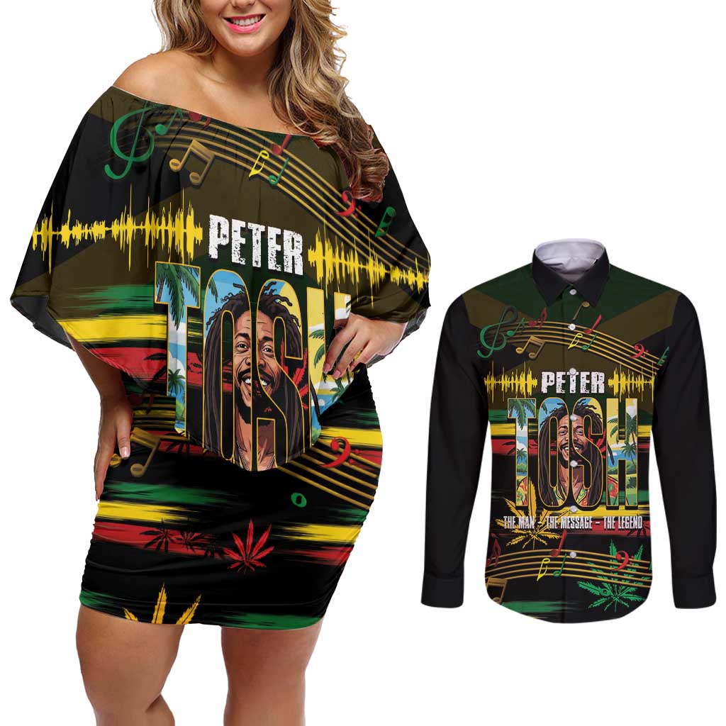 Jamaica Reggae Legend Tosh Couples Matching Off Shoulder Short Dress and Long Sleeve Button Shirt Cannabis Pattern - Wonder Print Shop