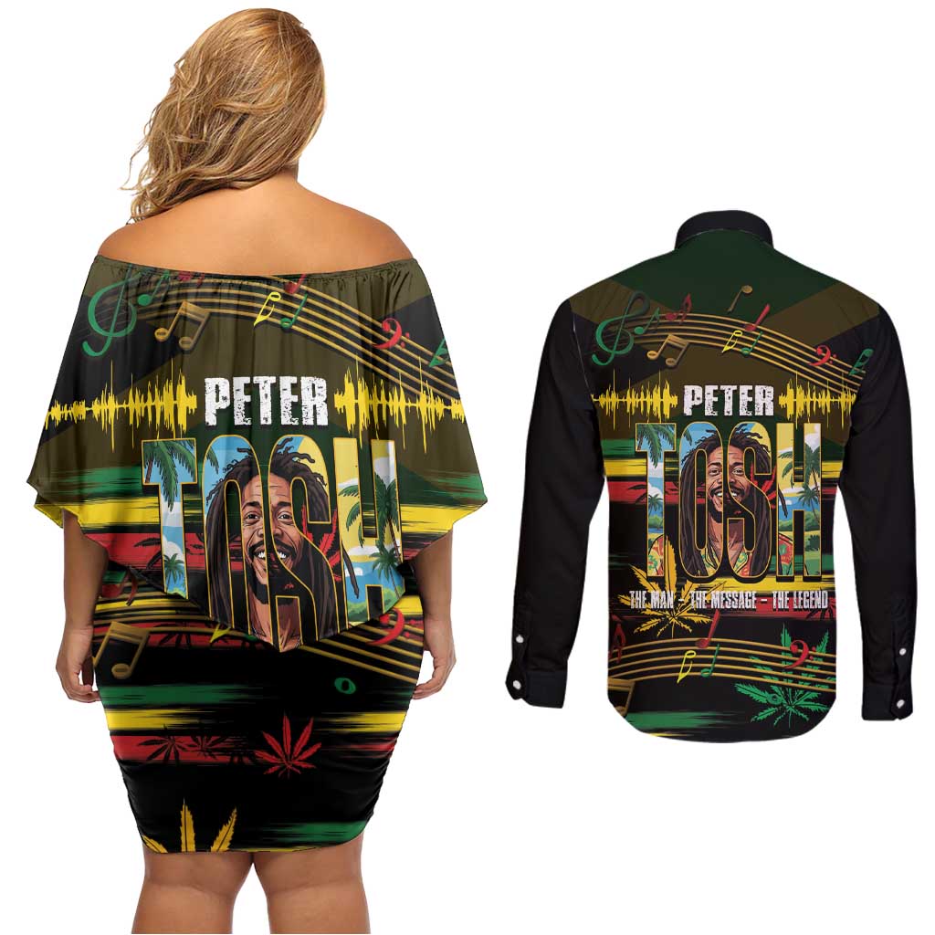 Jamaica Reggae Legend Tosh Couples Matching Off Shoulder Short Dress and Long Sleeve Button Shirt Cannabis Pattern - Wonder Print Shop