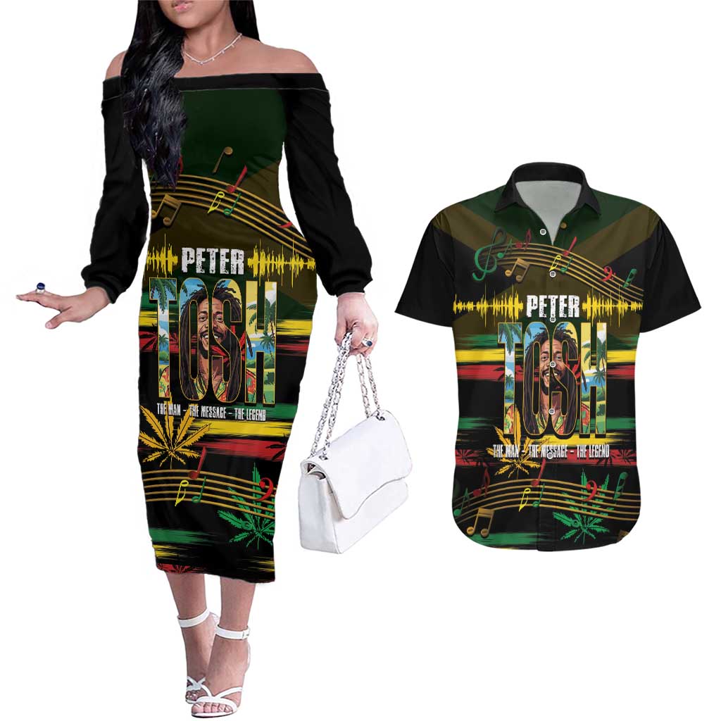 Jamaica Reggae Legend Tosh Couples Matching Off The Shoulder Long Sleeve Dress and Hawaiian Shirt Cannabis Pattern - Wonder Print Shop