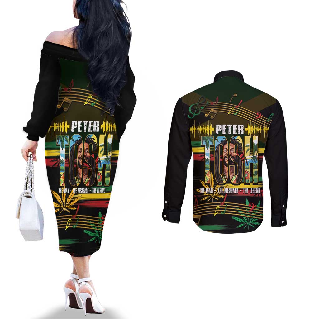 Jamaica Reggae Legend Tosh Couples Matching Off The Shoulder Long Sleeve Dress and Long Sleeve Button Shirt Cannabis Pattern - Wonder Print Shop