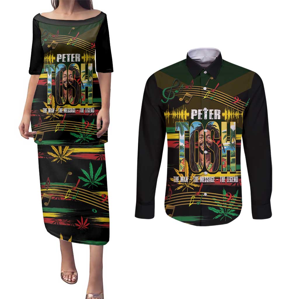 Jamaica Reggae Legend Tosh Couples Matching Puletasi and Long Sleeve Button Shirt Cannabis Pattern - Wonder Print Shop