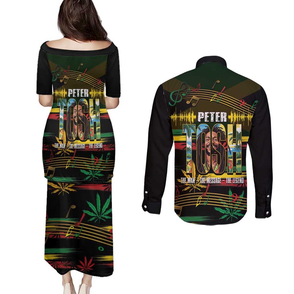 Jamaica Reggae Legend Tosh Couples Matching Puletasi and Long Sleeve Button Shirt Cannabis Pattern - Wonder Print Shop