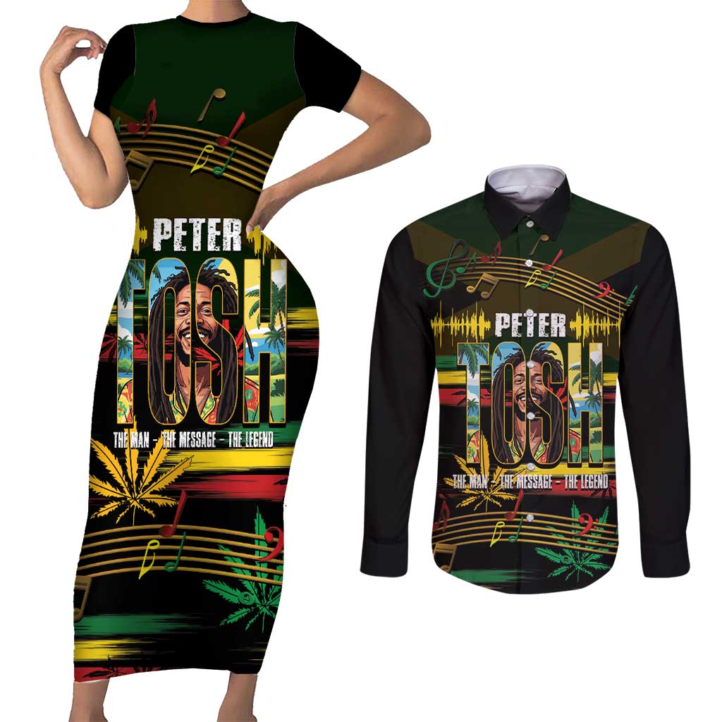 Jamaica Reggae Legend Tosh Couples Matching Short Sleeve Bodycon Dress and Long Sleeve Button Shirt Cannabis Pattern - Wonder Print Shop