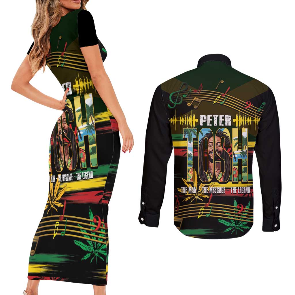 Jamaica Reggae Legend Tosh Couples Matching Short Sleeve Bodycon Dress and Long Sleeve Button Shirt Cannabis Pattern - Wonder Print Shop