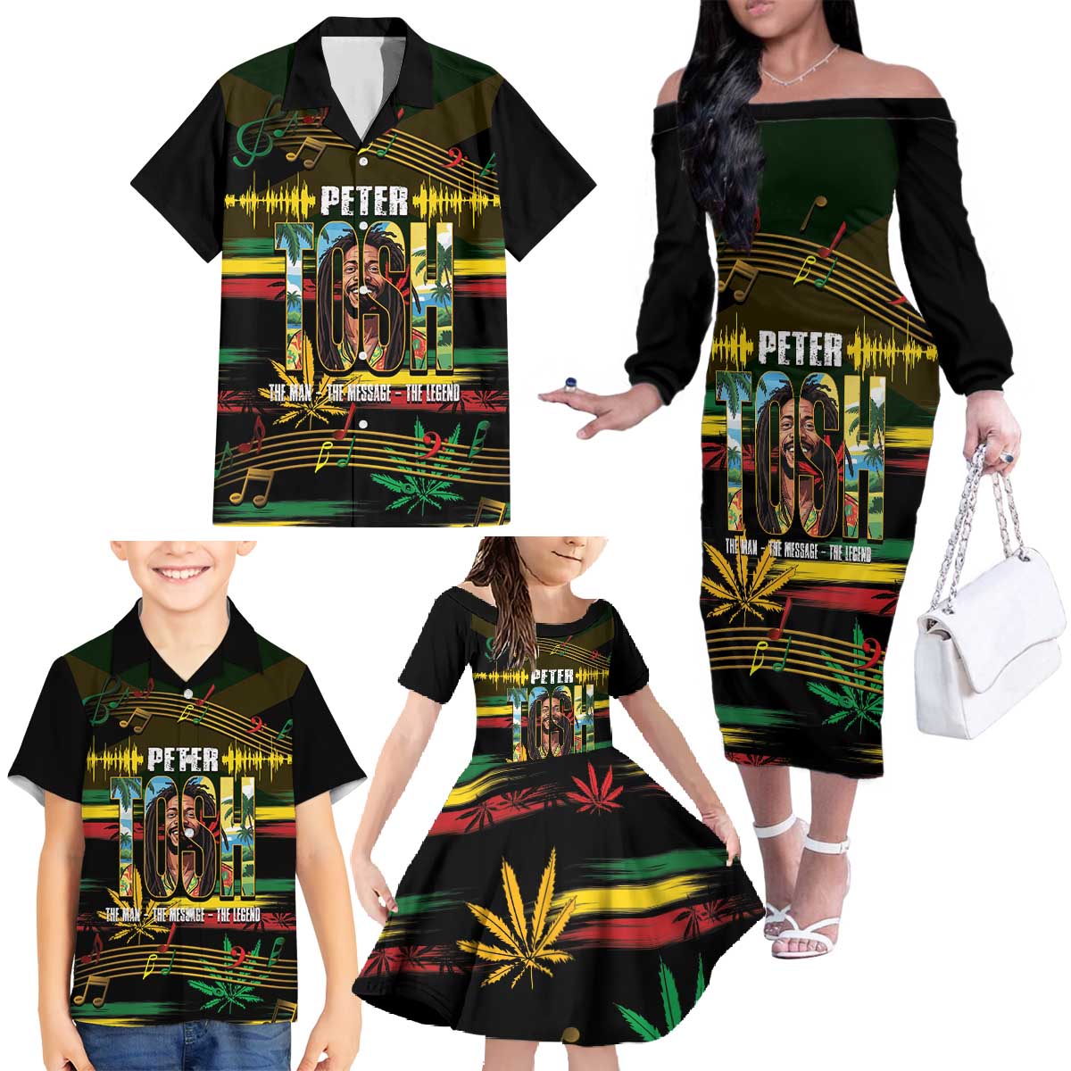 Jamaica Reggae Legend Tosh Family Matching Off The Shoulder Long Sleeve Dress and Hawaiian Shirt Cannabis Pattern - Wonder Print Shop