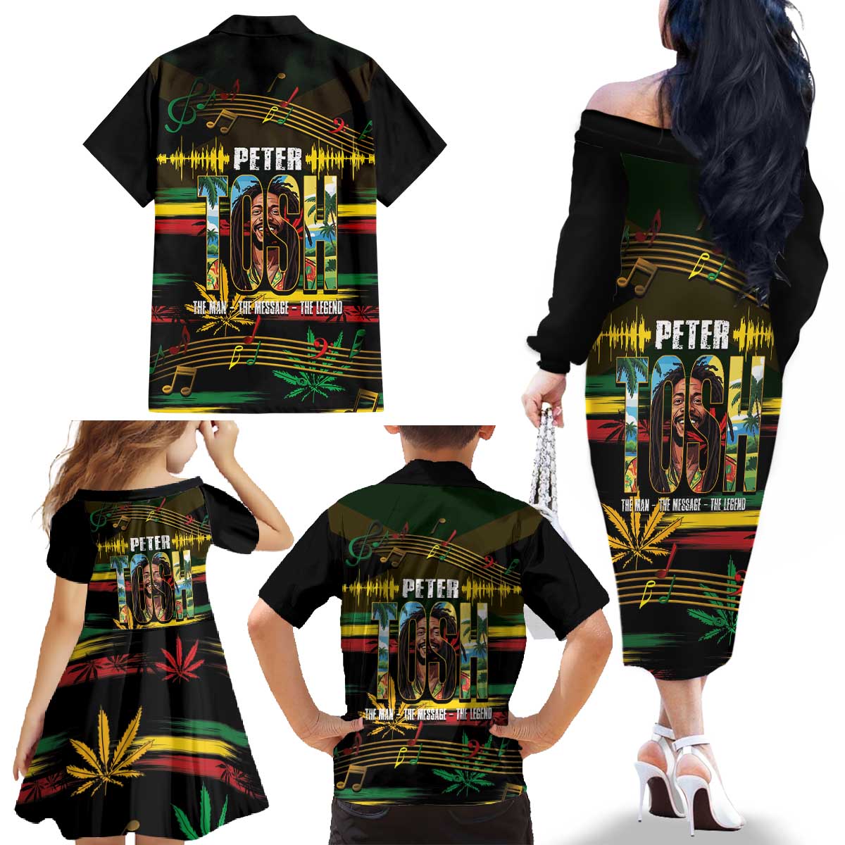 Jamaica Reggae Legend Tosh Family Matching Off The Shoulder Long Sleeve Dress and Hawaiian Shirt Cannabis Pattern - Wonder Print Shop