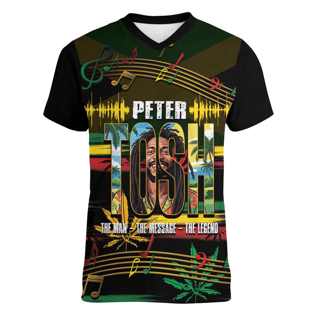Jamaica Reggae Legend Tosh Women V-Neck T-Shirt Cannabis Pattern - Wonder Print Shop