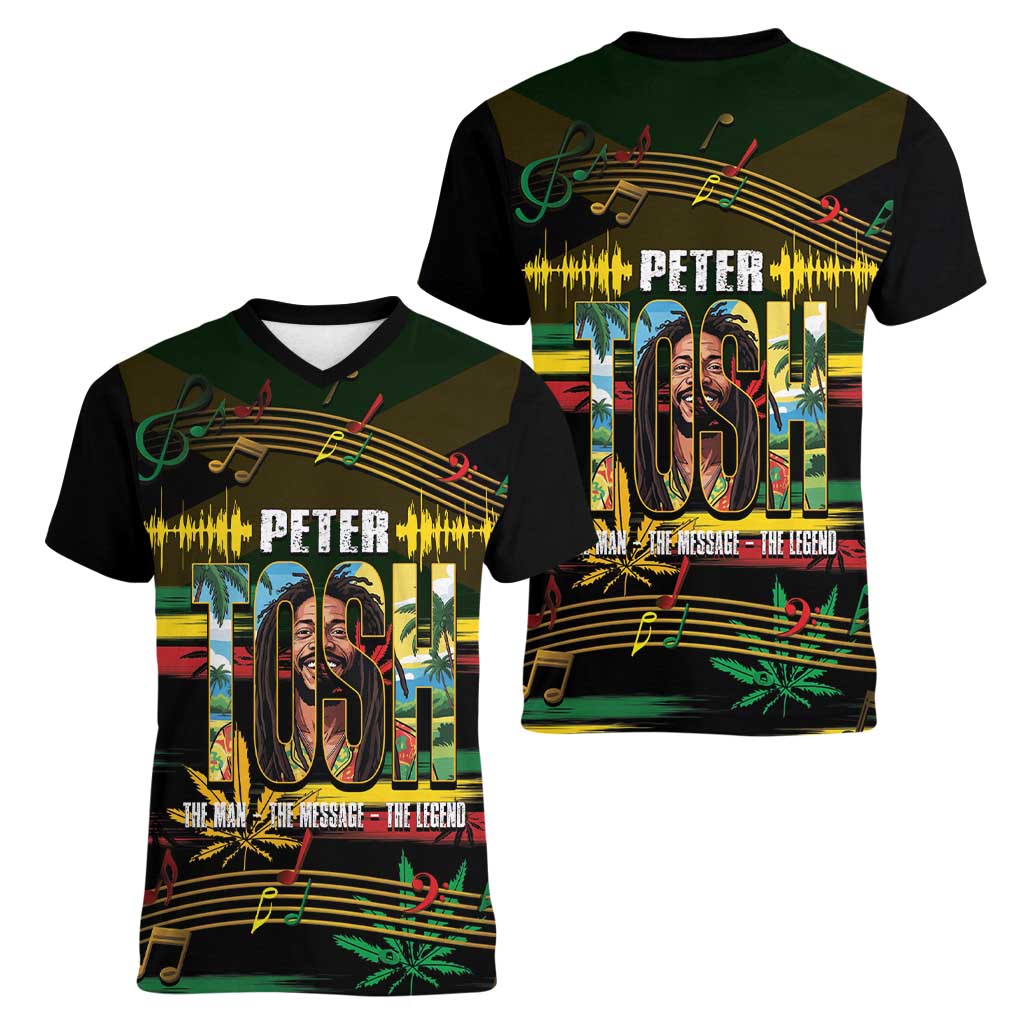 Jamaica Reggae Legend Tosh Women V-Neck T-Shirt Cannabis Pattern - Wonder Print Shop