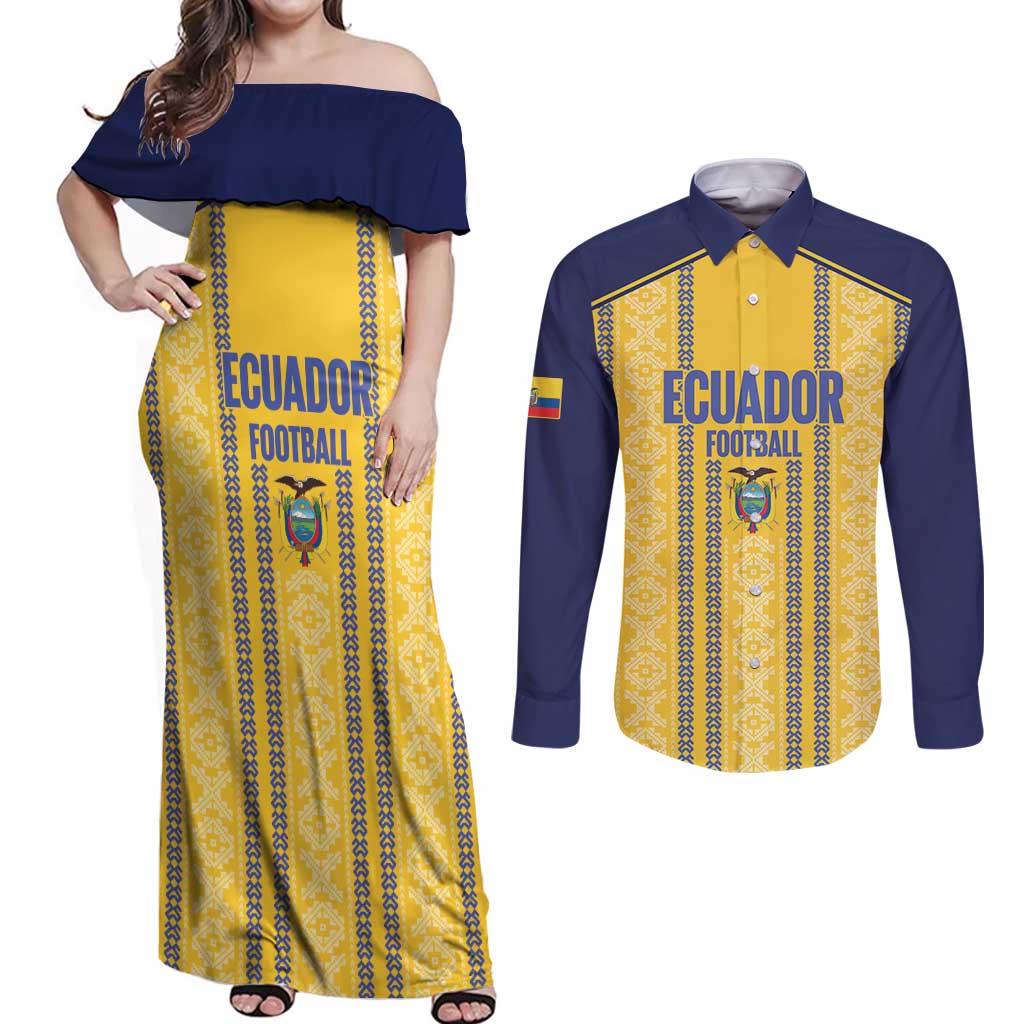Custom Ecuador Football Couples Matching Off Shoulder Maxi Dress and Long Sleeve Button Shirt 2025 Come On La Tricolor - Wonder Print Shop