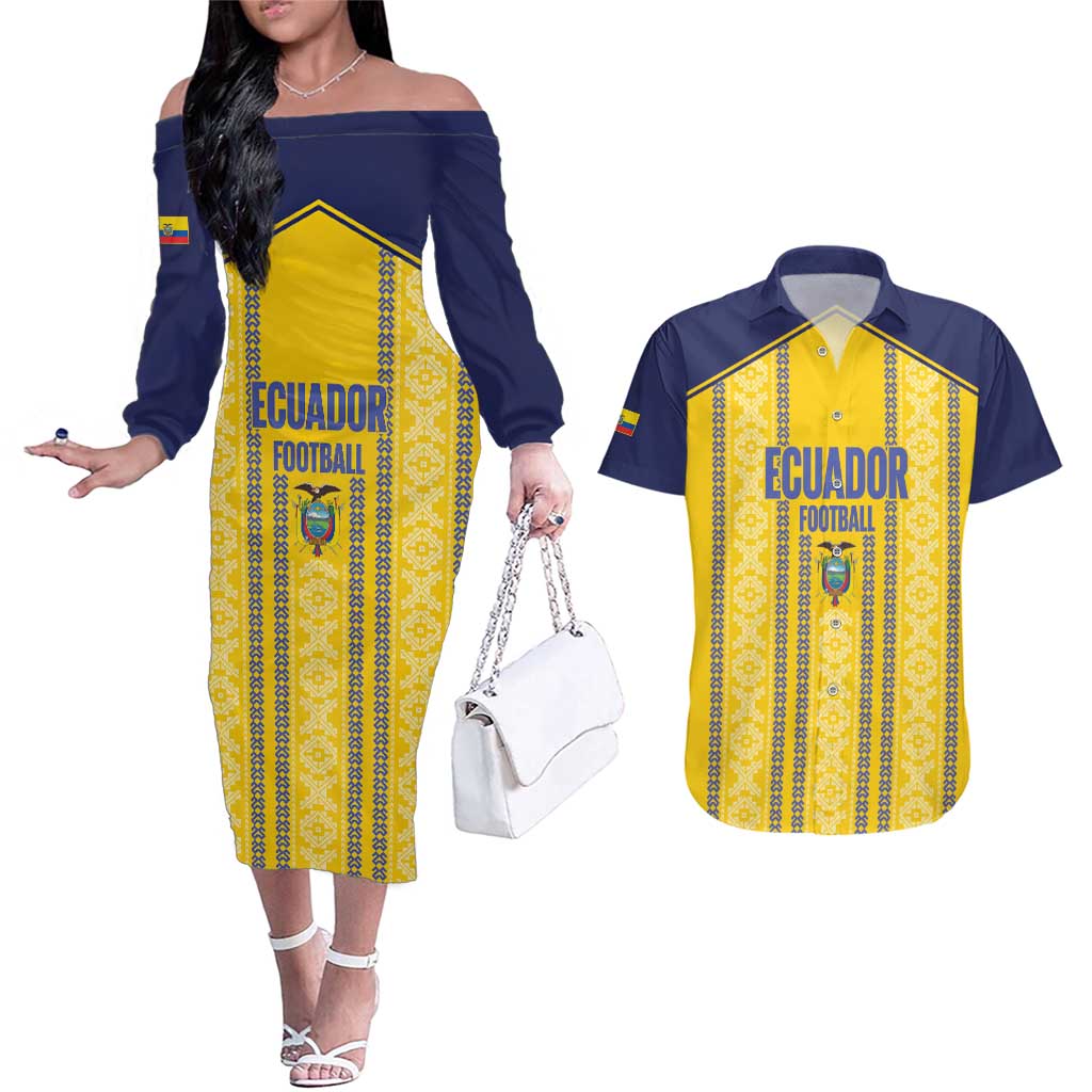 Custom Ecuador Football Couples Matching Off The Shoulder Long Sleeve Dress and Hawaiian Shirt 2025 Come On La Tricolor - Wonder Print Shop