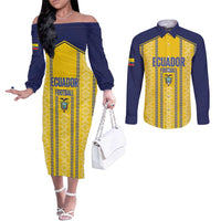 Custom Ecuador Football Couples Matching Off The Shoulder Long Sleeve Dress and Long Sleeve Button Shirt 2025 Come On La Tricolor - Wonder Print Shop