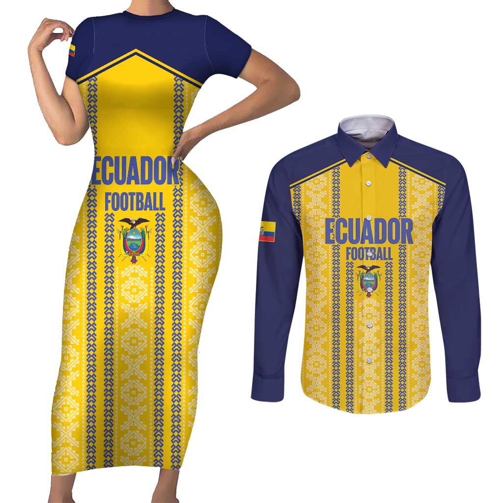 Custom Ecuador Football Couples Matching Short Sleeve Bodycon Dress and Long Sleeve Button Shirt 2025 Come On La Tricolor - Wonder Print Shop