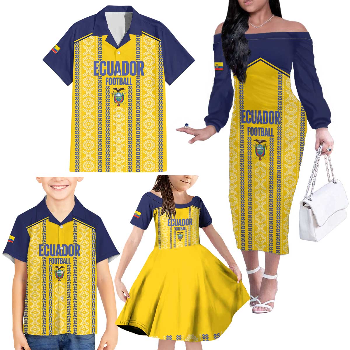 Custom Ecuador Football Family Matching Off The Shoulder Long Sleeve Dress and Hawaiian Shirt 2025 Come On La Tricolor - Wonder Print Shop